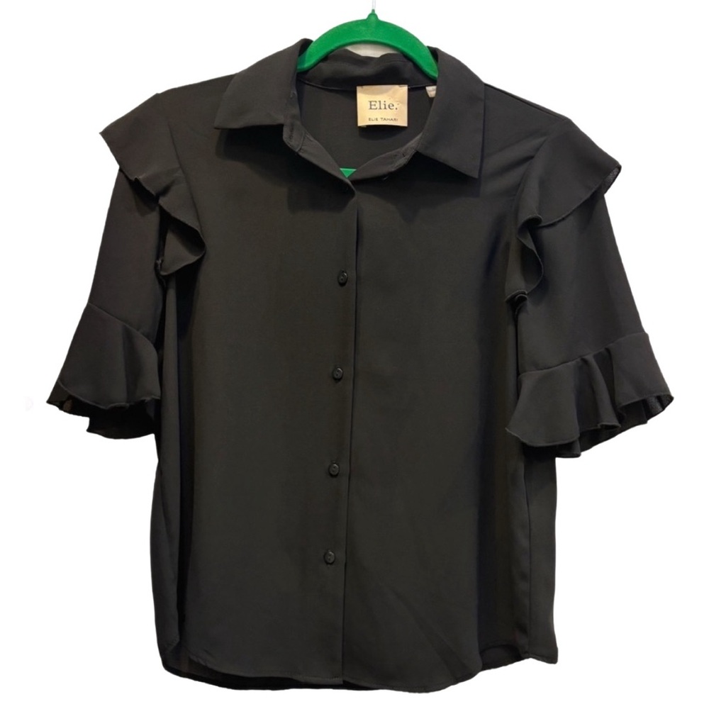 Elie Tahari black button down ruffle short sleeve blouse in size Small💄💄